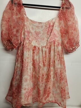 Audrey Parks Francescas Sheer Floral Puff Sleeve Blouse in Peach Pink Gardencore